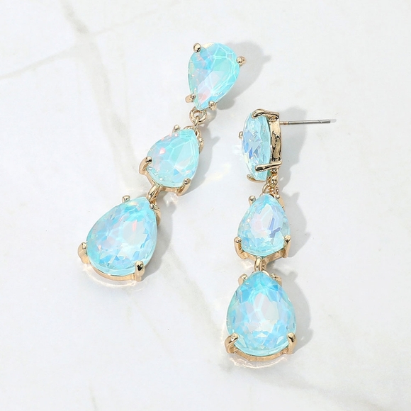 Blue Aqua Stone Dangle Crystal Earrings 2.25 Inch Triple Tear Drop Jewelry - Picture 1 of 3